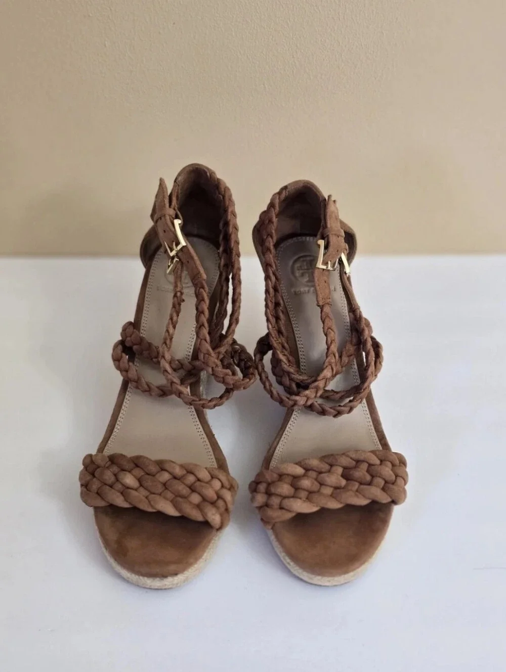 Tory Burch Bailey Suede Leather Espadrille Platform Wedge Brown 7 Ankle Straps
